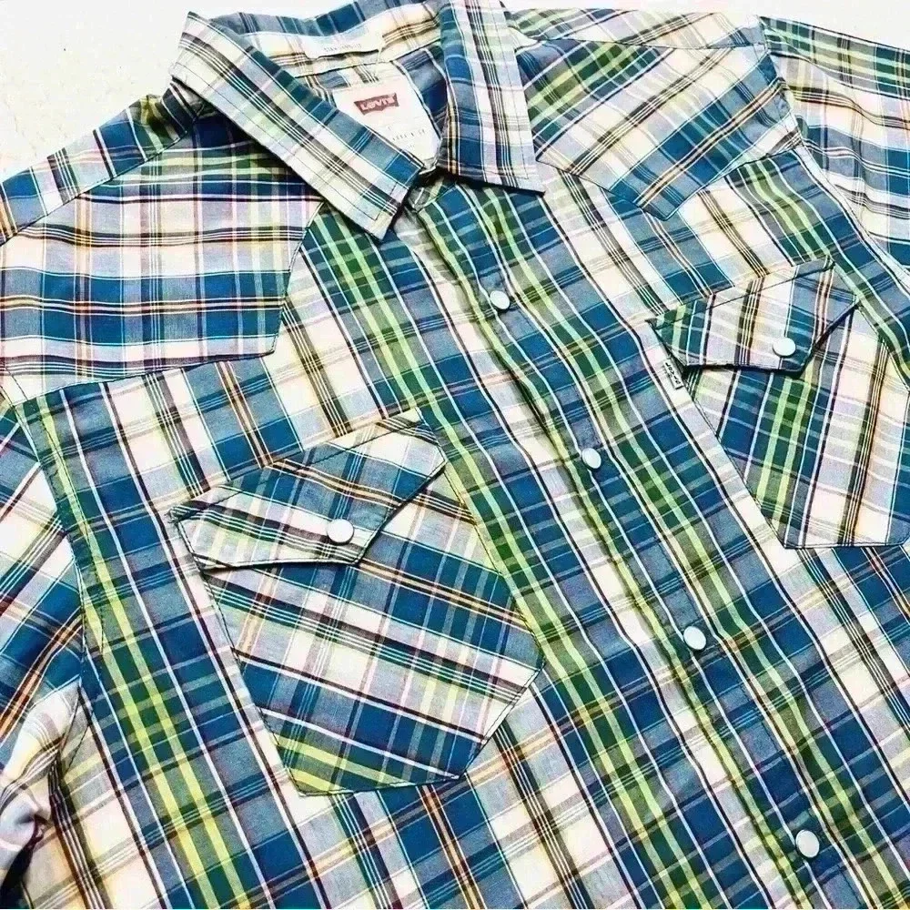 Levi's Barstow Western Short Sleeve Multi Color Checker‎ Plaid Snap Shirt Size L